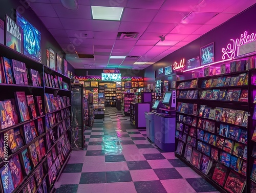 Vibrant 90s Retro Video Rental Store with Eclectic Movie Decor and Modern Digital Kiosks