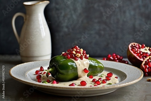 chiles en nogada, poblano peppers covered in creamy walnut sauce and sprinkled with pomegranate seed photo