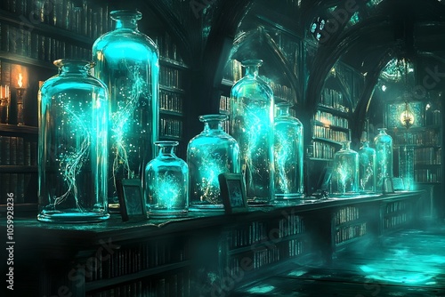 Surreal Library of Bottled Emotions and Memories Luminous Glass Vessels Holding Wispy Tendrils of Recollections photo