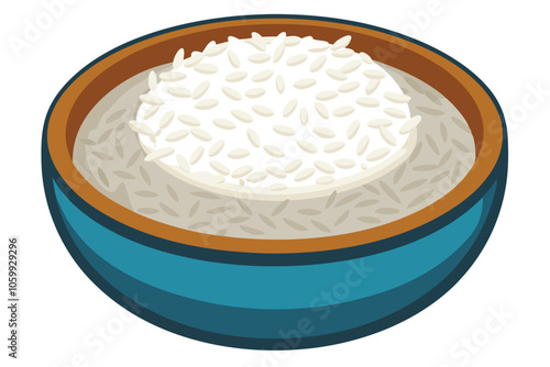 White Rice in Bowl - Top View, Isolated on White Background.