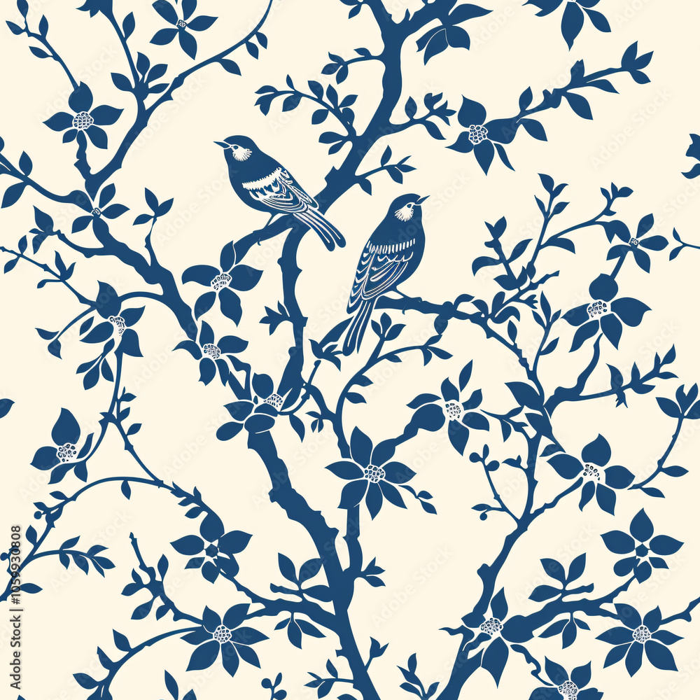 Fototapeta premium SEAMLESS PATTERN Chinoiserie bird floral design navy blue white red pink beige,traditional botanical Asian wallpaper elegant vintage wall art interior decor timeless nature,print,muted,soft,home,tree