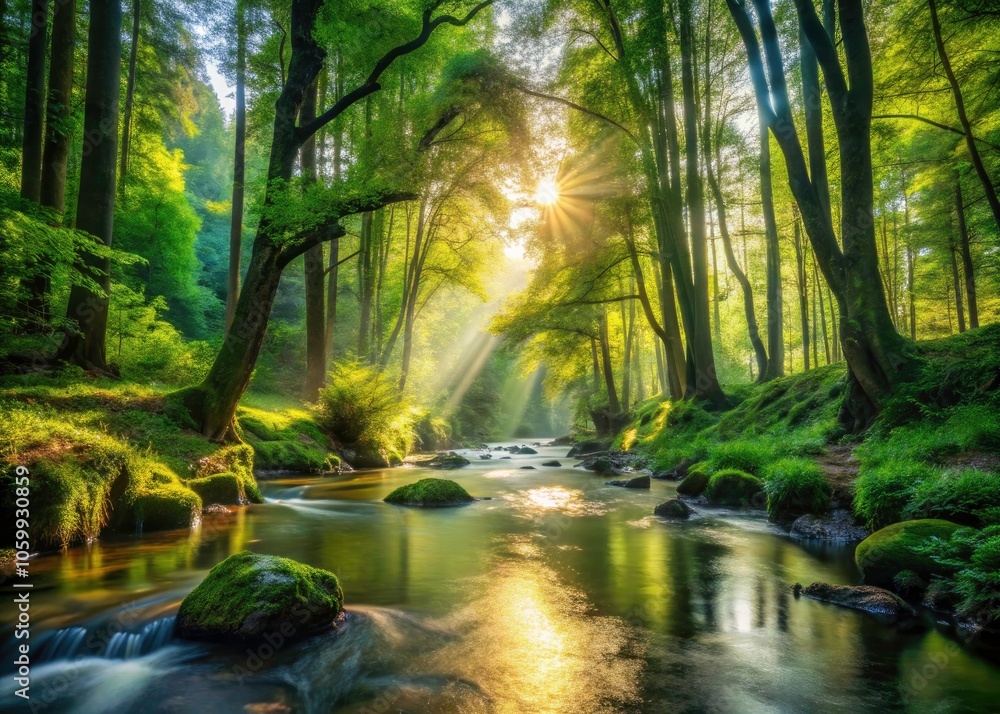 Obraz premium Serene Forest Stream with Sunlight Filtering Through Trees - Peaceful Woodland Scene with Lush Greenery and Soft Light