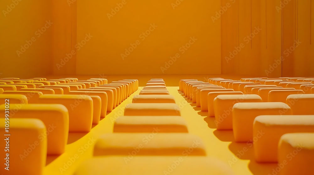 Fototapeta premium A vibrant, minimalist space with yellow seating arranged in rows for gatherings or events.