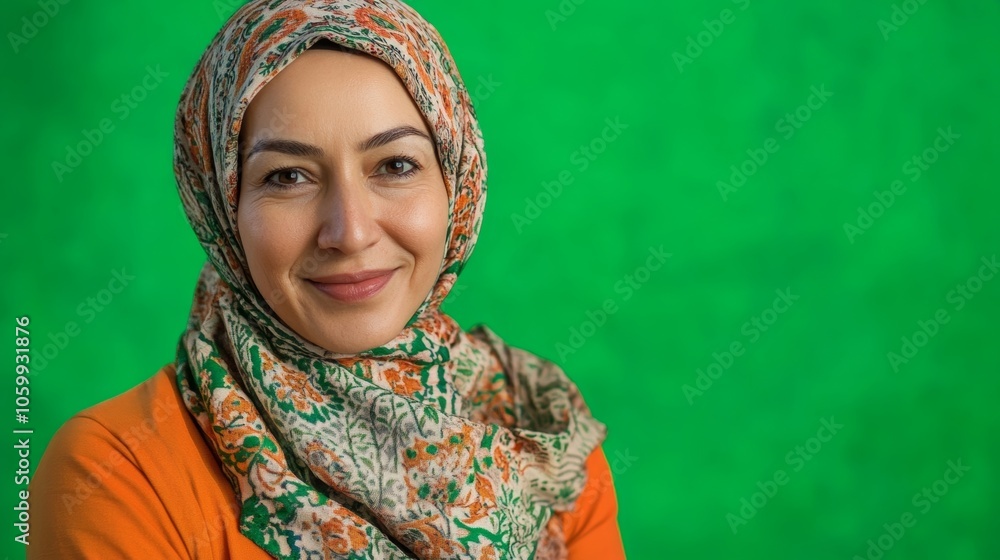 A person with a headscarf and a gentle smile conveys a message of peace on a striking green background. A person with a headscarf and a gentle smile conveys a message of peace on a striking green background.