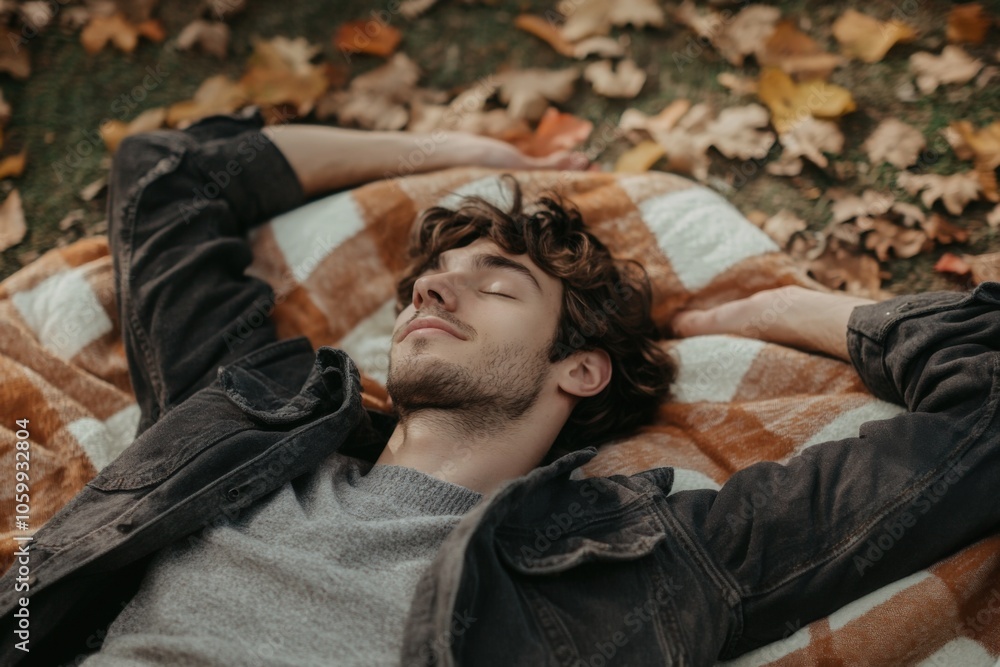 Fototapeta premium Man Napping on Blanket in Fall Leaves