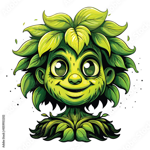 Illustrate a friendly plant-based monster with large, leafy arms and legs, bright green skin, and a mischievous grin.  It should be holding a flower pot and wearing a small, colorful hat.