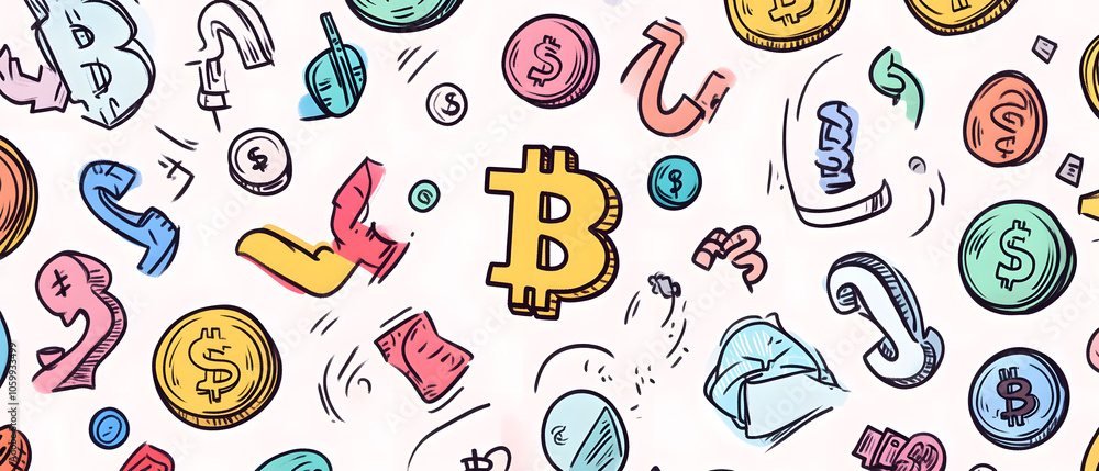 dollar production, coins, stock graphs, and Bitcoin in various creative graphic styles dollar production, coins, stock graphs, and Bitcoin in various creative graphic styles