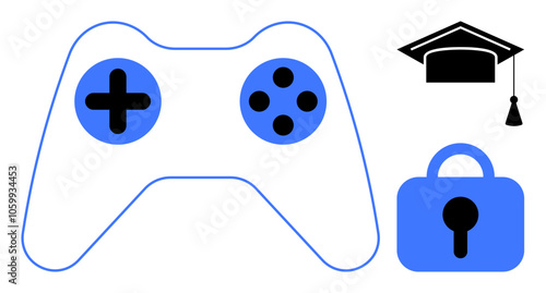 Minimalist design shows a blue game controller, black graduation cap, and a blue lock. Ideal for education, online security, gaming, technology, and e-learning themes