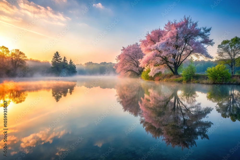 Obraz premium A serene lake at dawn with mist rising from the water's surface and surrounding trees in full bloom, mist, scenery, lakes, serenity, dawn
