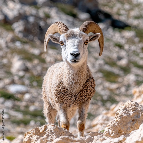 Curious mountain goat with impressive horns photo