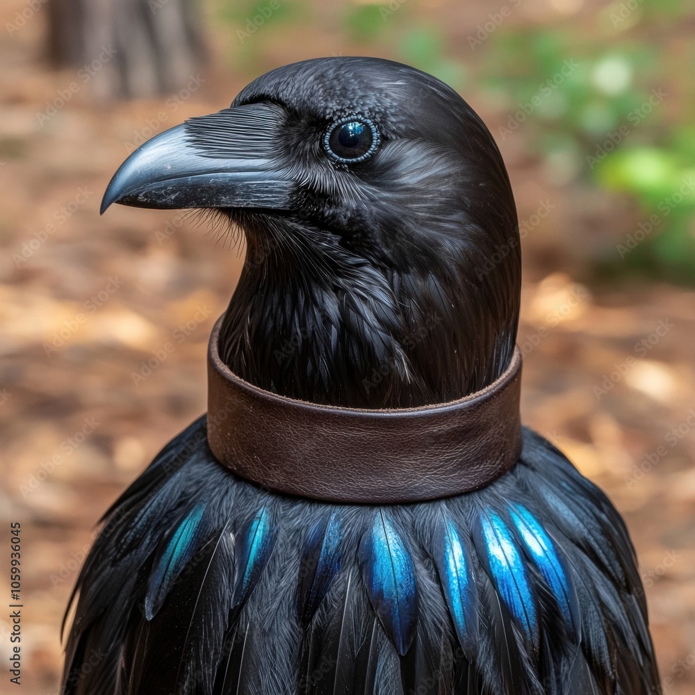 Obraz premium Close-up portrait of a majestic raven with striking blue feathers