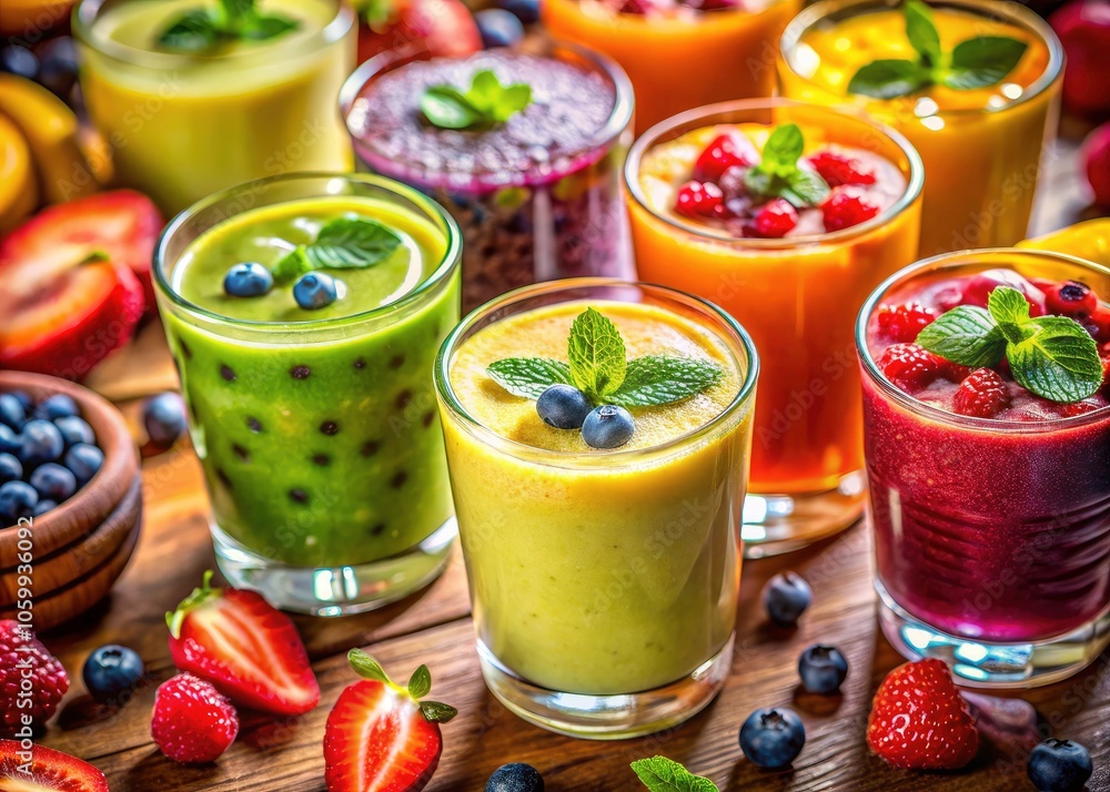 Vibrant Vegan Beverages: Colorful Array of Fruit Smoothies and Electrolyte-Rich Drinks in Tilt-Shift Photography