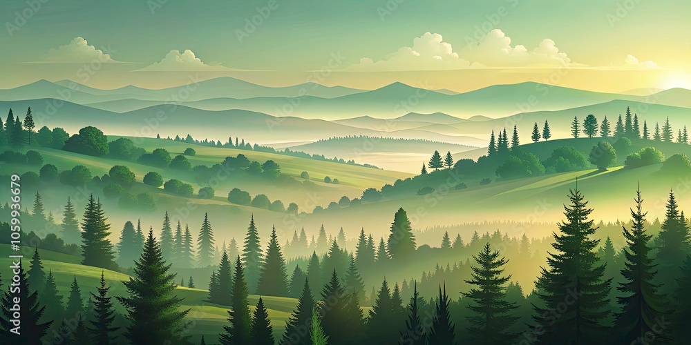 Obraz premium Vintage Panoramic Landscape with Green Silhouettes in a Retro Style, Perfect for Nature Lovers and Scenic Backgrounds, Ideal for Posters, Prints, and Digital Use