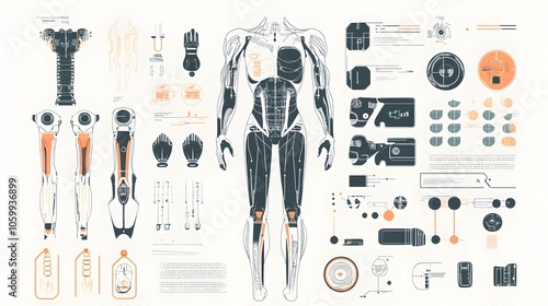 Modular Cybernetic Body Parts and Exoskeleton Components in Futuristic Technical photo