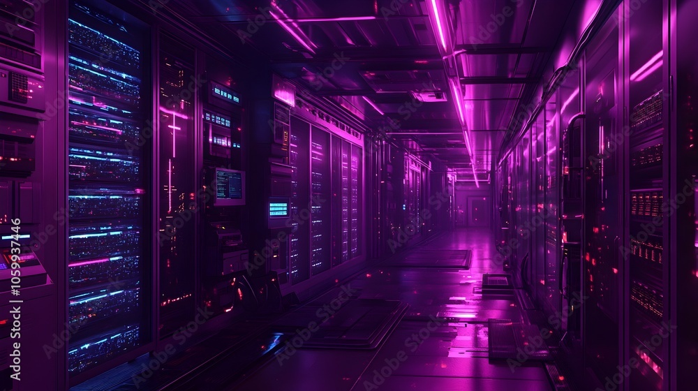 Fototapeta premium Neon lit Underground Bunker Safeguarding the World s Digital Heritage with Futuristic Technology