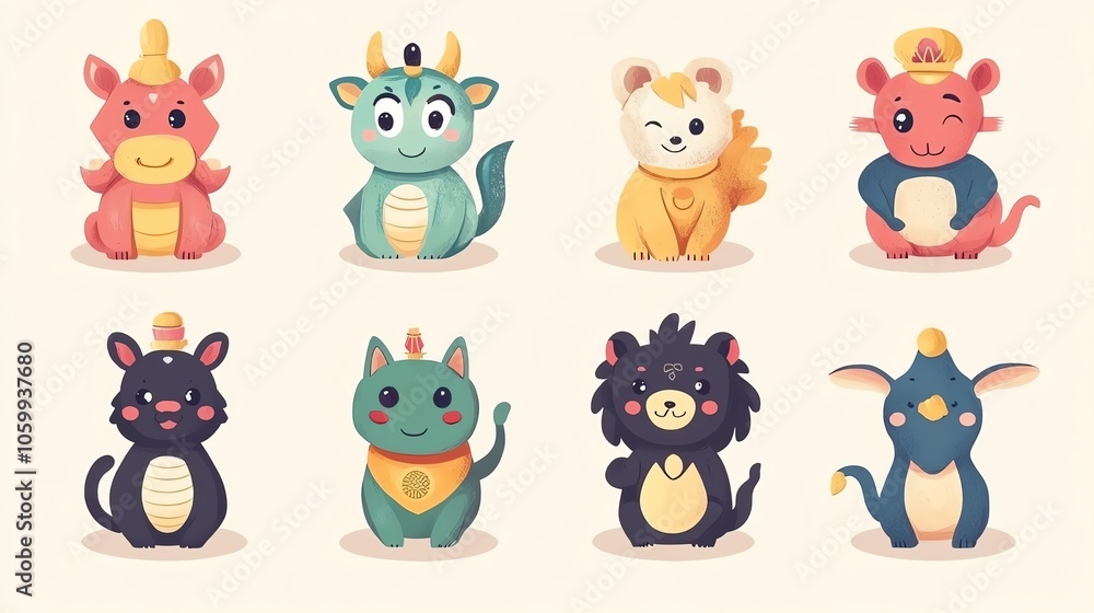 Fototapeta premium Cute and colorful cartoon animals in various playful poses, ideal for children's designs.