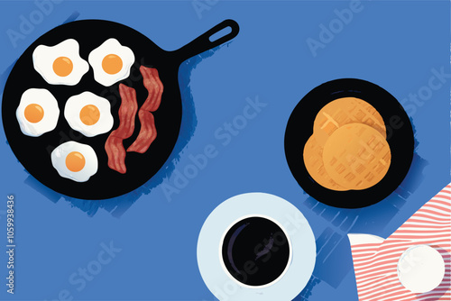 A vibrant vector illustration of a breakfast spread featuring a variety of food items, including eggs, bacon, toast, fruit, and coffee, presented in a visually appealing and appetizing manner.