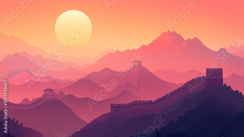 Majestic sunset over mountains with silhouette of the Great Wall, creating a tranquil and scenic landscape. photo