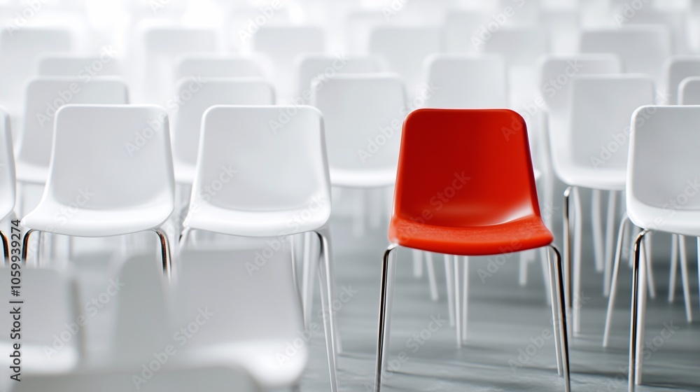 Fototapeta premium A Red Chair Among White Chairs, Modern Red Chair Standing Out of White Chairs, Confident Leadership Stand Out Concept, Thinking Differently