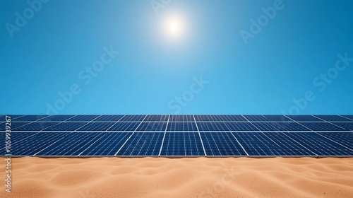 A bright sun shines over a vast field of solar panels in a sandy desert landscape, symbolizing renewable energy and sustainability. photo