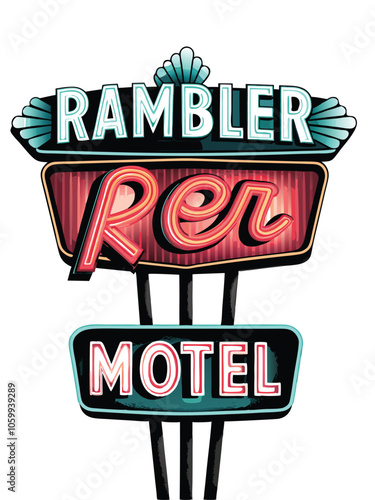 Design a retro motel sign t-shirt with neon lights, featuring a vintage font and a classic roadside motel aesthetic.