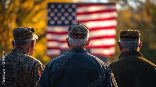 Group of veterans in different military uniforms, gathered around a memorial, each with expressions of pride and remembrance. The background shows a large American flag, highlighting unity and honor. 