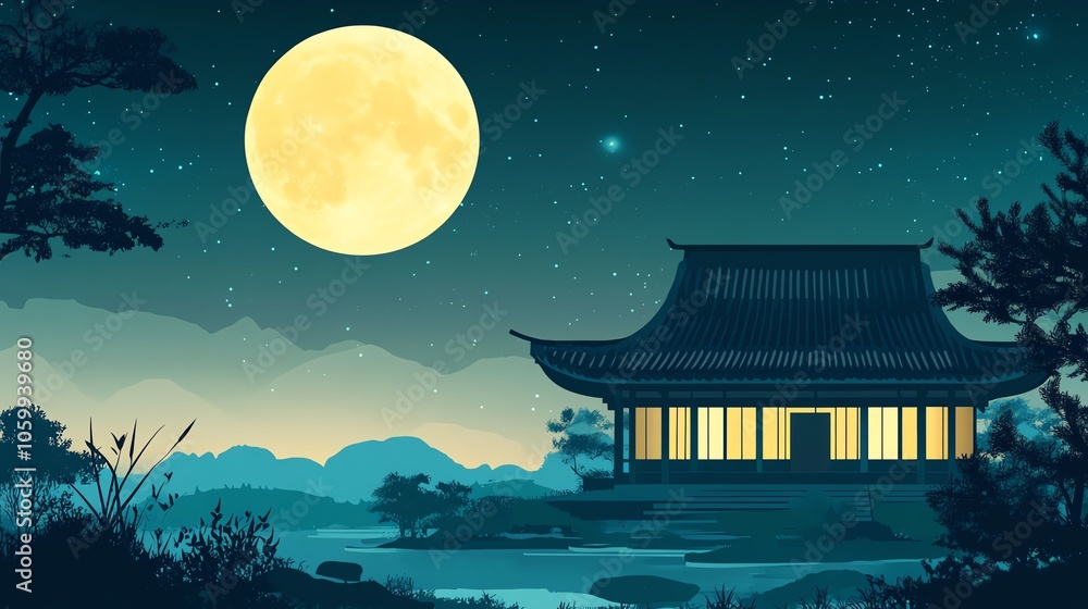 Naklejka premium Traditional building at night with full moon, serene landscape, calm atmosphere, peaceful reflection.