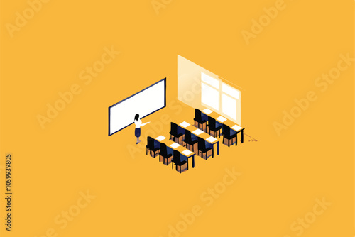 Minimalist vector background of a classroom with a whiteboard and desks.