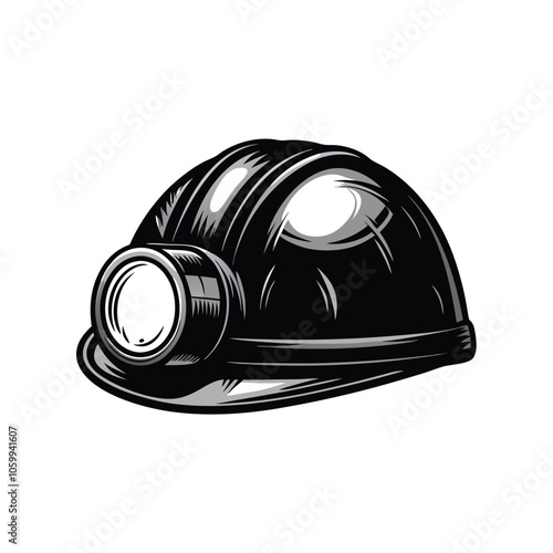 A photorealistic illustration of a coal miner's helmet, depicting the worn, dusty exterior and the intricate details of the headlamp and ventilation system.