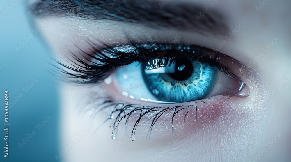 Fototapeta premium A pair of tear filled eyes staring directly at the camera, conveying deep sadness, grief, or the aftermath of emotional pain.