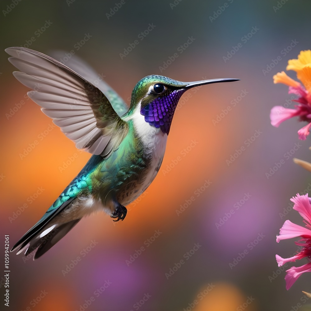 Fototapeta premium A colorful hummingbird with green, blue, and purple feathers