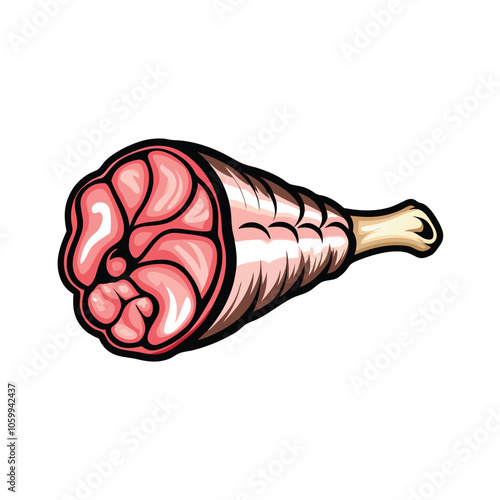 Create a realistic vector illustration of a raw lamb leg with visible bone, showcasing detailed muscle structure and a realistic texture.