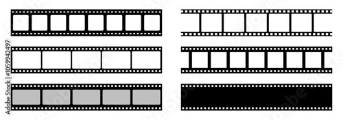Set of film strip vector icons isolated. Film tape strips for movie, cinema and reel. Filmstrip with frames, photo and videos for camera. Flat design. Vector illustration.