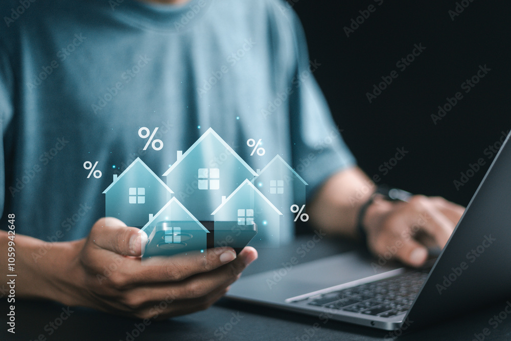 Naklejka premium Real estate investment concept, interest rate, Investment planning, business real estate. Man using laptop analyzing mortgage loan home and insurance real property mortgage.