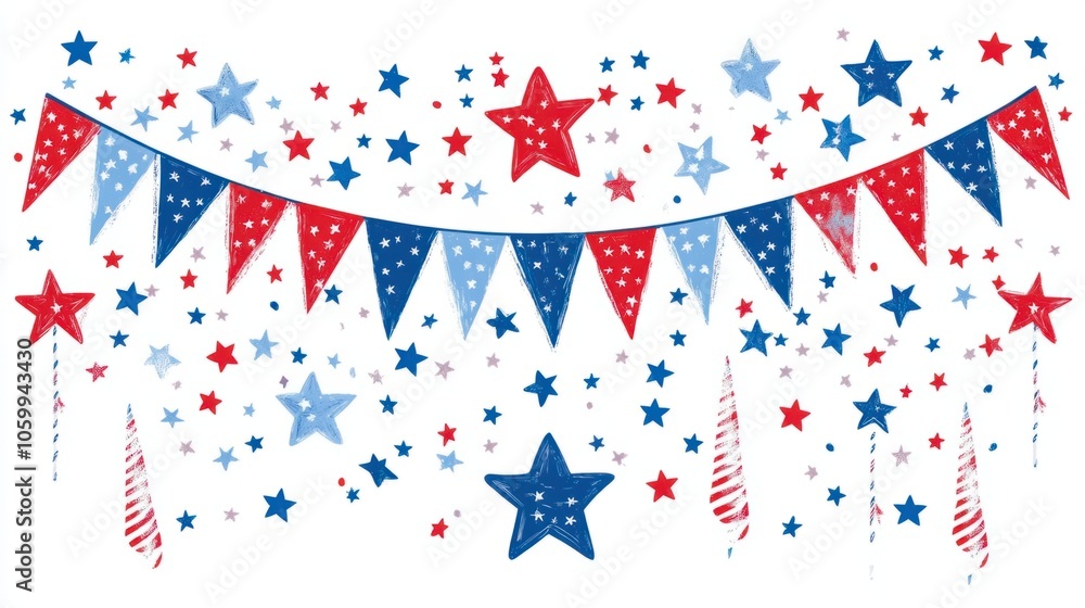 Obraz premium 4th of July party decorations with stars, stripes, and confetti isolated on white