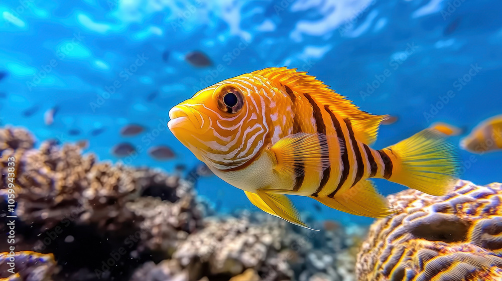 Fototapeta premium vibrant coral reef teeming with colorful fish, showcasing striking orange and striped fish swimming gracefully among corals. underwater scene is lively and full of life