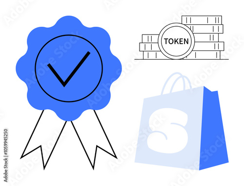 Blue badge with a check mark, token coins, and a shopping bag with the letter S. Ideal for quality assurance, cryptocurrency, online shopping, rewards programs, and branding. Simple vector style