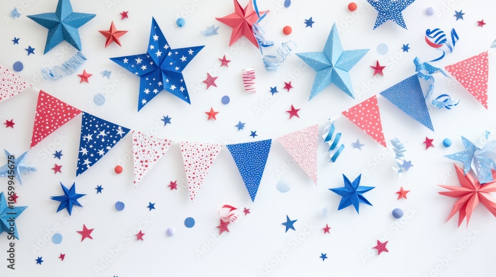 Obraz premium Collection of paper flags, stars, and ribbons for 4th of July decor on white background