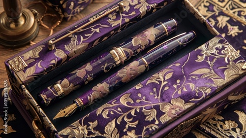 Transport yourself back in time with this Victorianinspired writing set featuring regal purple hues and ornate floral motifs. photo