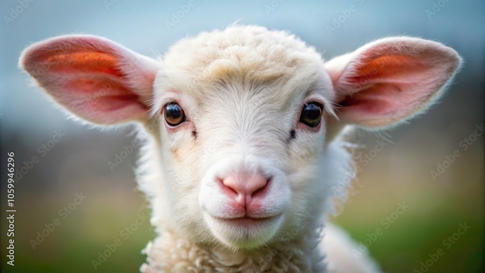 Obraz premium Adorable Close-Up of a Cute Little White Lamb Face Isolated on a Soft Background - Perfect for Animal Lovers and Nature Enthusiasts
