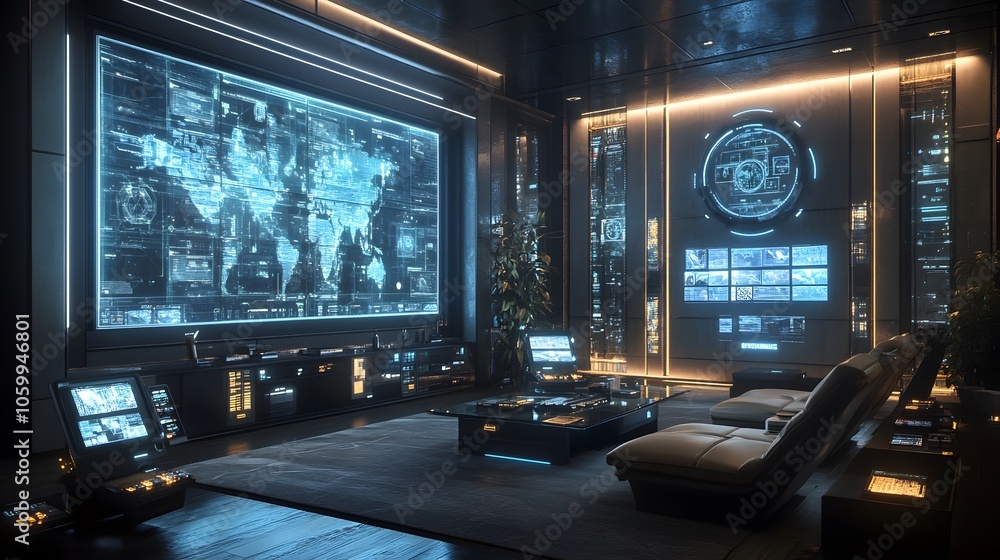 Fototapeta premium Futuristic control room with advanced technology and displays