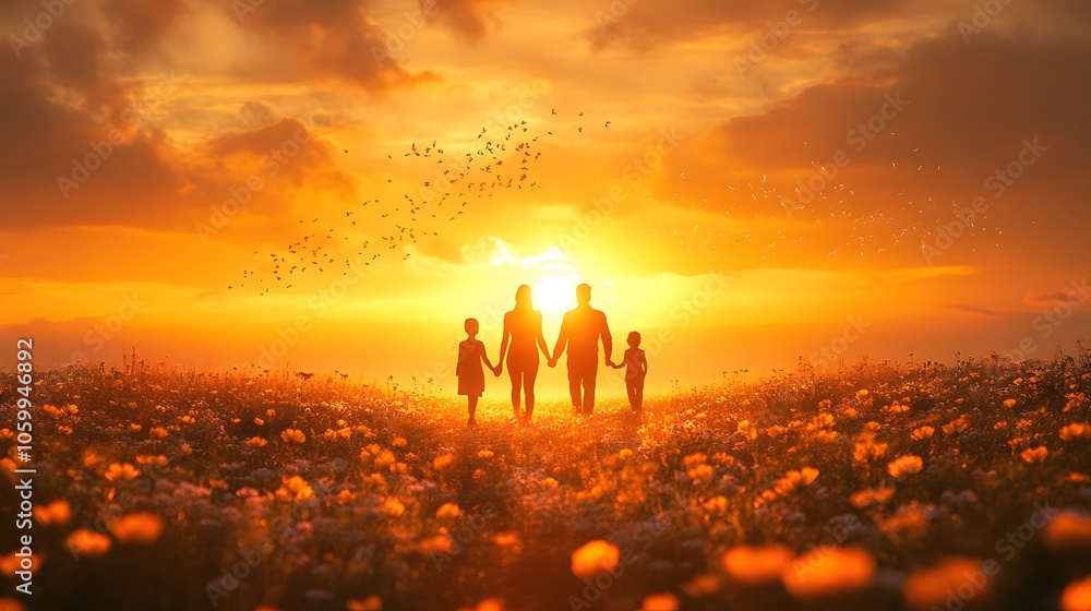 Fototapeta premium Family bonding at sunset in a flower field a heartwarming scene