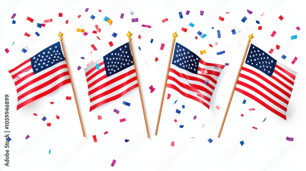 Obraz premium Independence Day decorations with American flags and confetti isolated on white