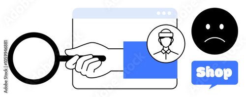 Hand holding magnifying glass, male icon, and sad face represent search for solutions and customer dissatisfaction in online shopping. Ideal for customer service, ecommerce, problem solving