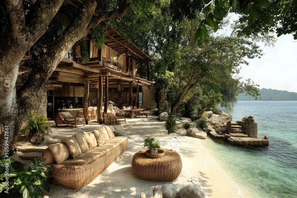 Fototapeta premium Luxurious beachfront bungalow with ocean view offering tranquil relaxation