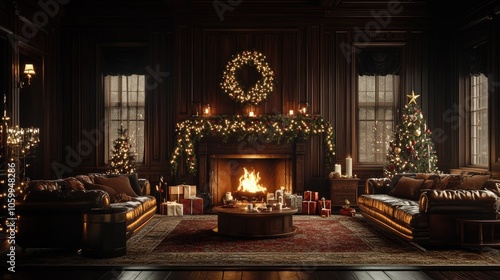 Cozy christmas interior living room with burning fireplace and decorated christmas tree photo