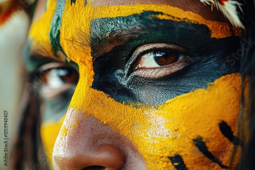 Indigenous person wearing traditional body paint and feathers photo