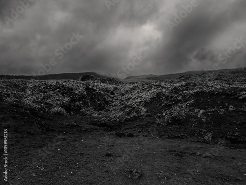 un paysage mineral avec du brouillard en noir et blanc pour servir de background ou de ressource graphique