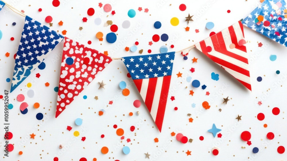 Obraz premium Set of decorative flags and confetti for 4th of July celebration isolated on white