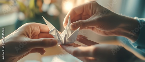 Hands exchanging an origami paper crane. photo